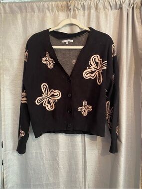 Celebrity Pink Black Cardigan with Pink Floral Motifs